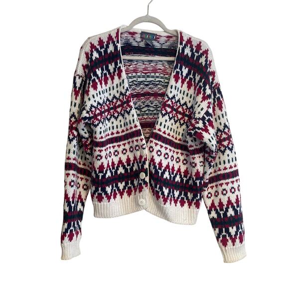 Vintage White Maroon Fair Isle Cardigan Womens Sz Large 80s Cottage Christmas - Picture 2 of 16